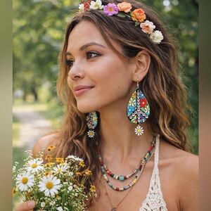 PEACE signs Bright Flower 60’s Original Handpainted Earrings Sterling